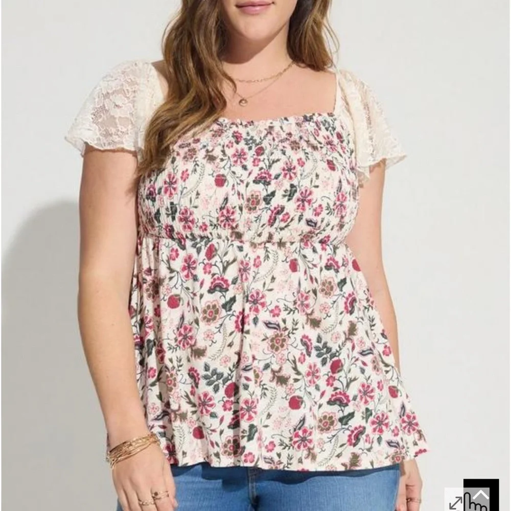 Torrid Cotton Modal Slub Smocked Bodice Lace Flutter Sleeve Babydoll Top